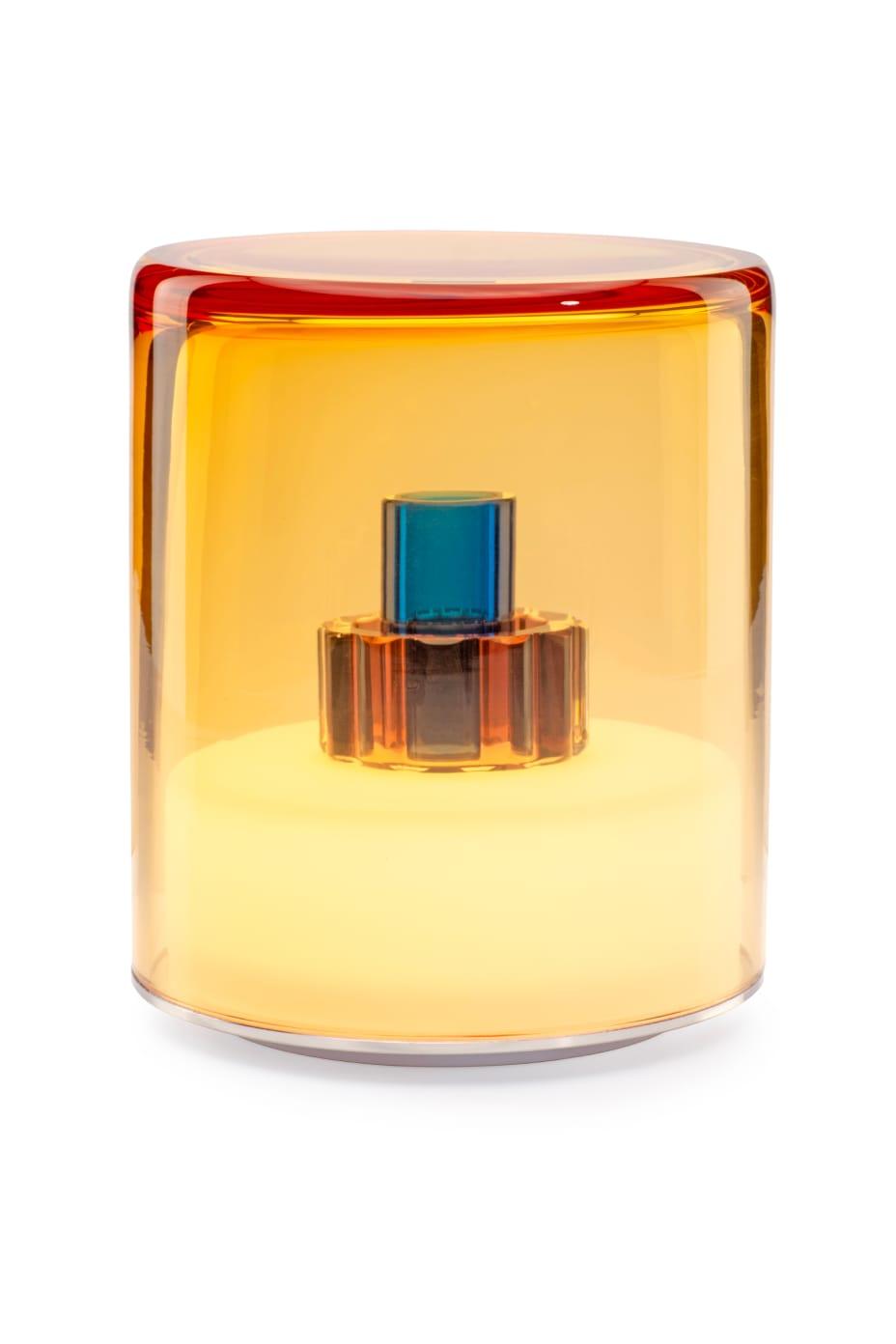 Orange cylindrical container with a blue interior on a white background